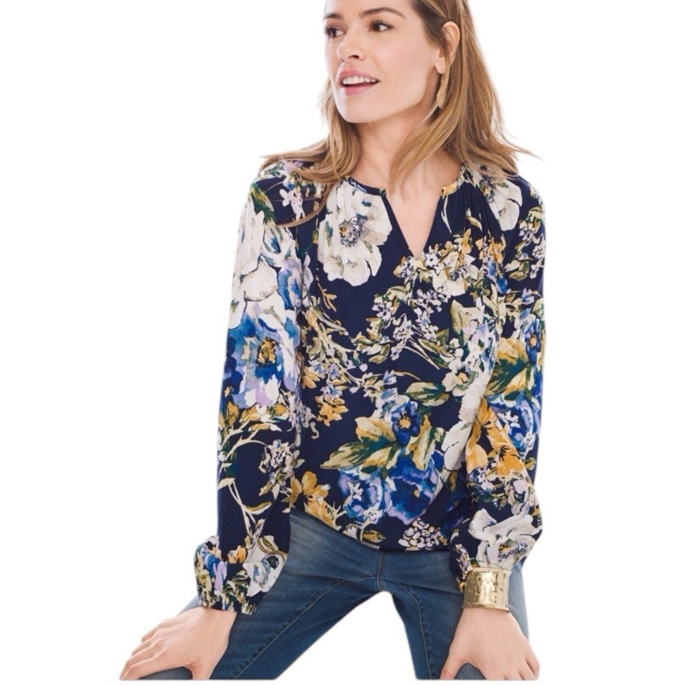 Chico’s Primavera Floral Peasant Top Size Small